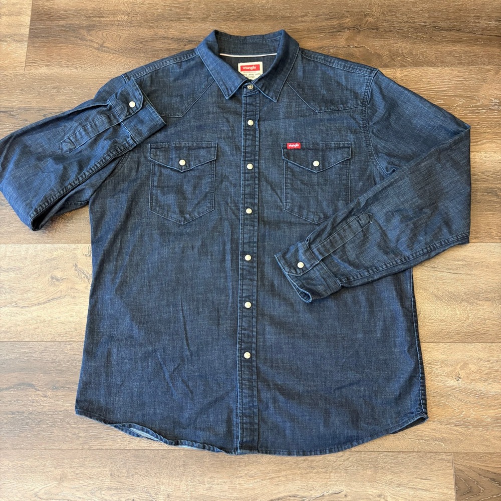 Wrangler Western Pearl Snap Shirt Men Large Blue Denim Long Sleeve Workwear